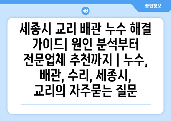 세종시 교리 배관 누수 해결 가이드| 원인 분석부터 전문업체 추천까지 | 누수, 배관, 수리, 세종시, 교리